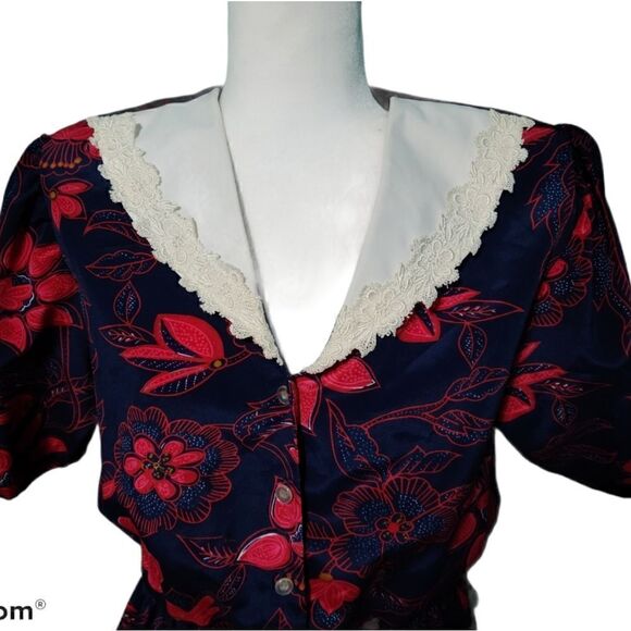 Vintage Secretary Geek Floral Navy Cherry Red Dress White Laced Collar Medium - Picture 4 of 12